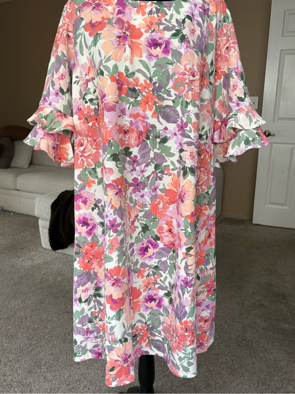 Perceptions White Floral Midi Dress with Ruffle Sleeves